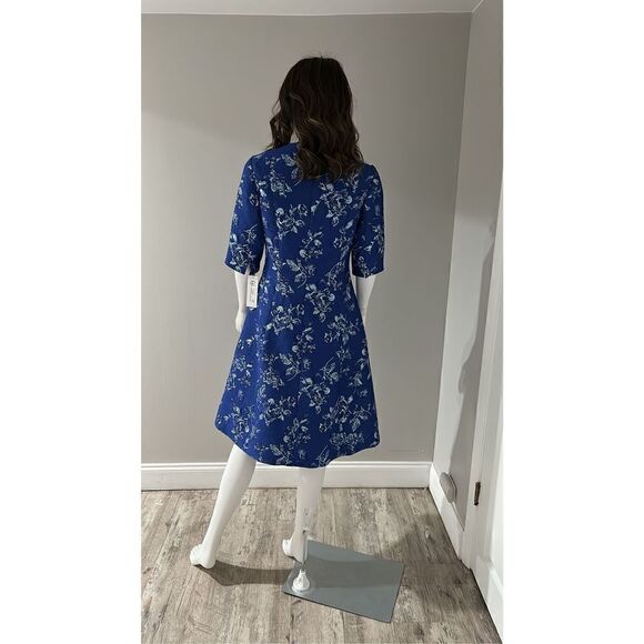 Teri Jon Blue Jacquard Floral Print Box Pleat Dress Size 2 NWT - Picture 9 of 11